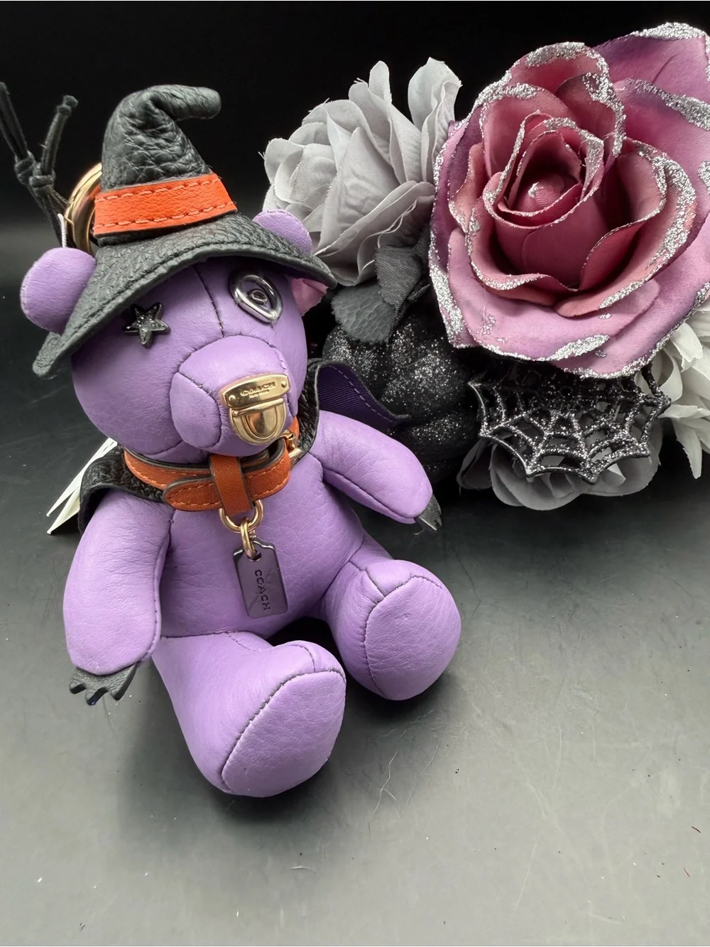 Coach Lavender Witch Bear Bag Charm with Black Hat and Orange Collar